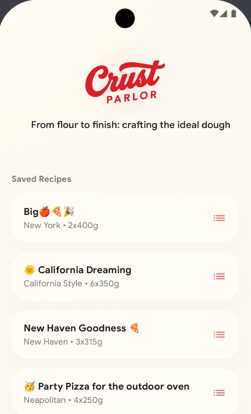 CrustParlor app on a phone showing saved recipes